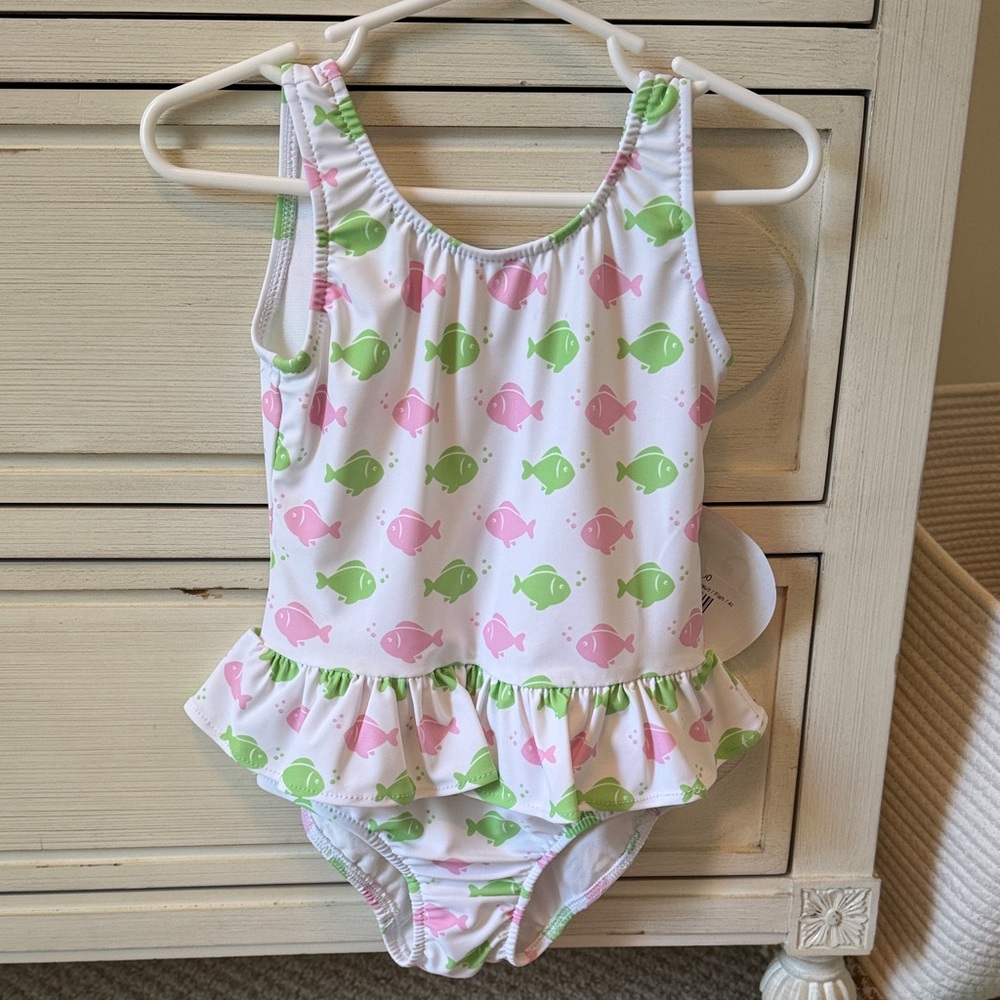 Charming Fish Print Kids One Piece Swimsuit - Pink and Green